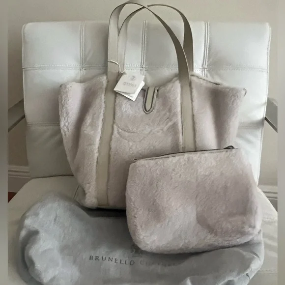 NWT 2PC Set Shopper Bad Monili Italy Wool Cashmere Fleecy Fur effect beige - Picture 2 of 12